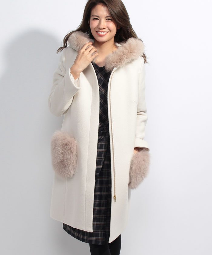 衿ファー付き ポケットファーコート ジャスグリッティー グレージュ