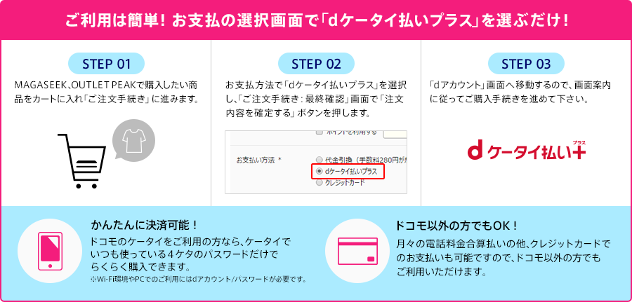 ご利用は簡単!お支払の選択画面で「dケータイ払いプラス」を選ぶだけ!