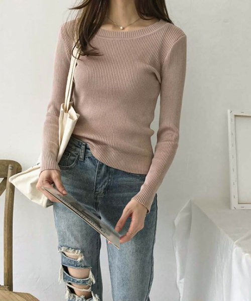 セール タイト ニット トップス レディース 春 服 無地 ニットソー リブニット クルーネック ミニミニストア Miniministore Magaseek