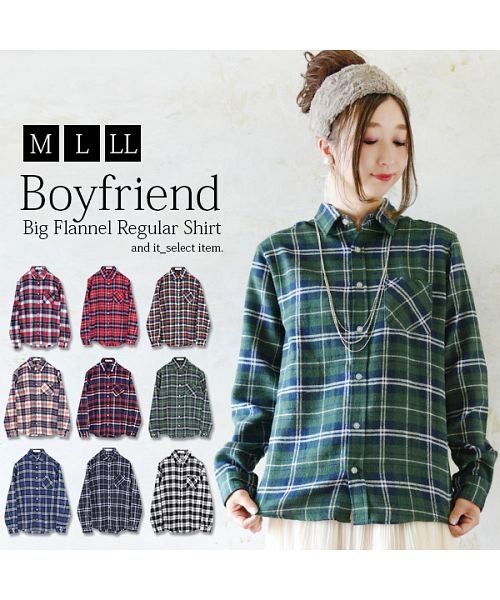 and it_(アンドイット)/ボーイフレンドBIGネルチェックレギュラーシャツ【M】【L】【LL】レディース 大きいサイズ 長袖 大人カジュアル トップス チェックシャツ ネルシャツ シャツ/img01