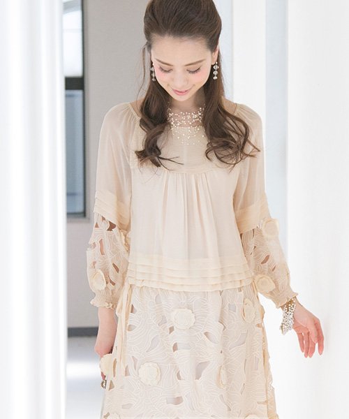 結婚式 パーティー 花柄カットワーク シフォン Aライン 七分袖 ワンピース プールヴー Pourvous Magaseek