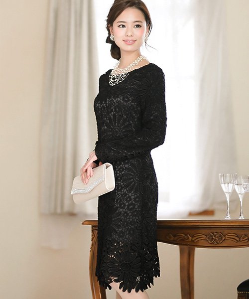 結婚式 パーティー 花柄モチーフ刺繍 レース ワンピース プールヴー Pourvous Magaseek