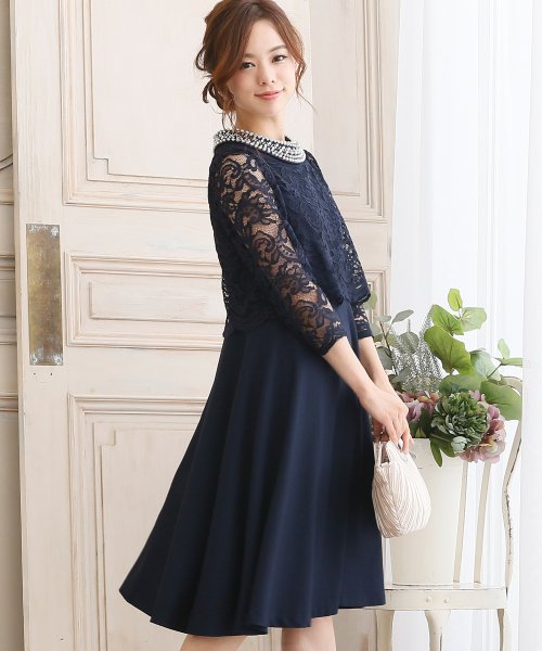セール 結婚式 パーティー ビジュー レースフレアパーティードレス ワンピース プールヴー Pourvous Magaseek