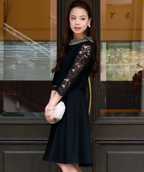 プールヴー Pourvous 結婚式 パーティー ビジュー レースフレアパーティードレス ワンピース Magaseek