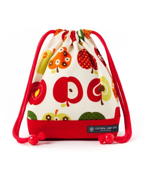 COLORFUL CANDY STYLE(カラフルキャンディスタイル)/巾着　小　コップ袋(ネームタグ付き)　おしゃれリンゴのひみつ(アイボリー) × オックス・赤/img01