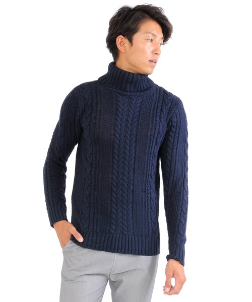 SPADE(スペイド)/ セーターニットフィッシャーマンメンズ タートルネック ハイネック ニットソー セーター sweater きれいめ ブラック グレー 白 ホワイト 紺 ネイビー/img01