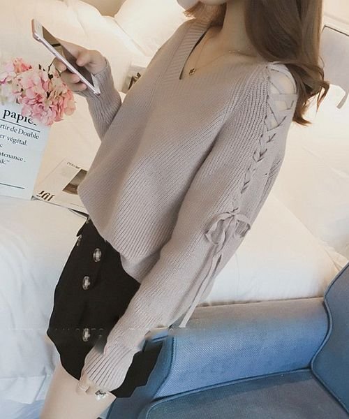 セール ｖネックレースアップショルダーニット 韓国 ファッション レディース ゆったり かわいい 長袖 あったか A W Ra 57 アフェリーチェ Afelice Magaseek