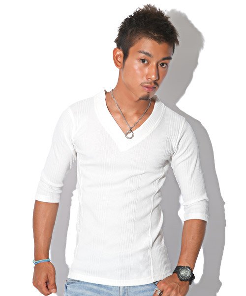 セール Tシャツ メンズ ７分袖 Vネック 無地 テレコ ストレッチ Bitter ビター系 春 夏 ランダムテレコ リブvネック７分袖カットソー トップス カットソー ラグスタイル Luxstyle Magaseek