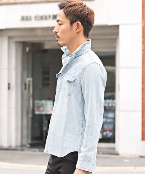 セール デニムシャツ ウエスタンシャツ メンズ 長袖 ブリーチ インディゴ Bitter ビター系 ワイヤーカラーデニムウエスタンシャツ デニム ウエスタン シャツ ヴ ラグスタイル Luxstyle Magaseek