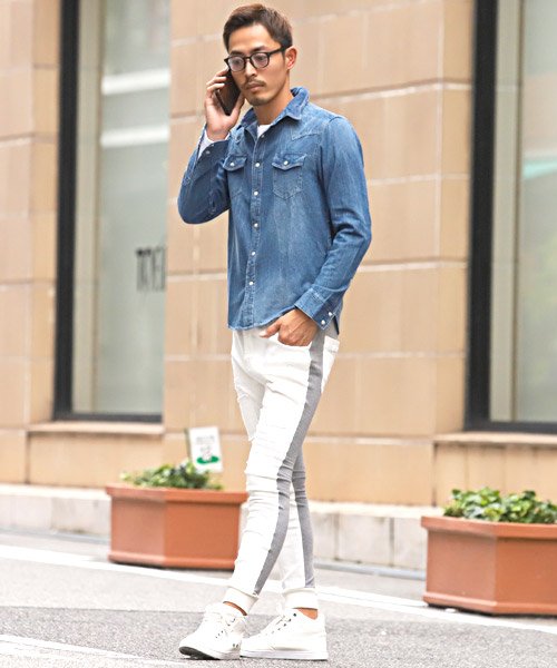 セール デニムシャツ ウエスタンシャツ メンズ 長袖 ブリーチ インディゴ Bitter ビター系 ワイヤーカラーデニムウエスタンシャツ デニム ウエスタン シャツ ヴ ラグスタイル Luxstyle Magaseek