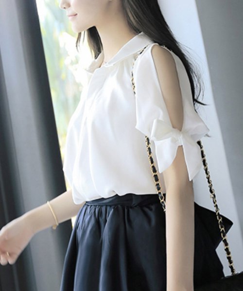 肩出し シャツ リボン シャツ Ol 白 無地 トップス レディース 即納 ミニミニストア Miniministore Magaseek
