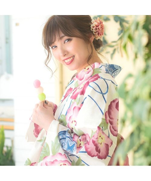 Dita ディータ 1人で簡単に着られる作り帯の可愛い女性浴衣 4点フルセット ゆかた 作り帯 下駄 着付けカタログ 京の毬と恋牡丹 ディータ Dita Magaseek