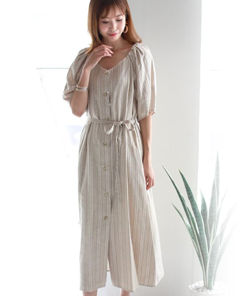 ストライプパフスリーブリネンワンピース リアルキューブ Real Cube Magaseek