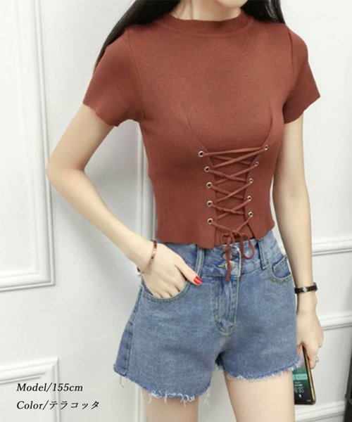 セール サマーニットトップス レディース 夏 きれいめ レースアップ ショート丈トップス 編み上げ ミニミニストア Miniministore Magaseek