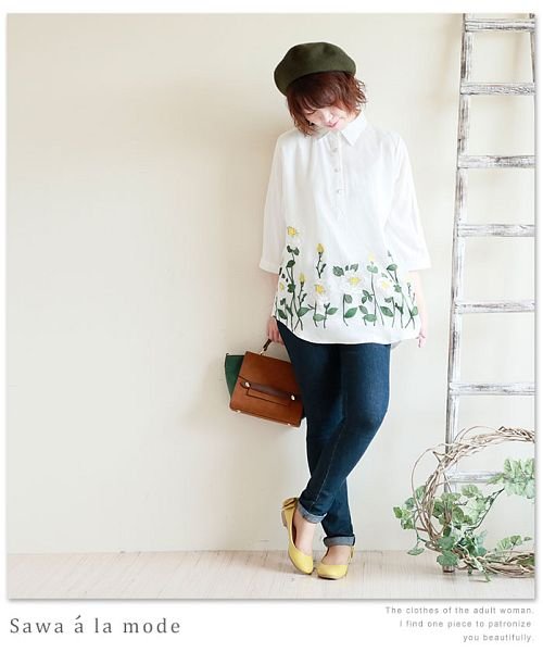 Sawa a la mode(サワアラモード)/裾フラワー刺繍7分袖シャツ/img14