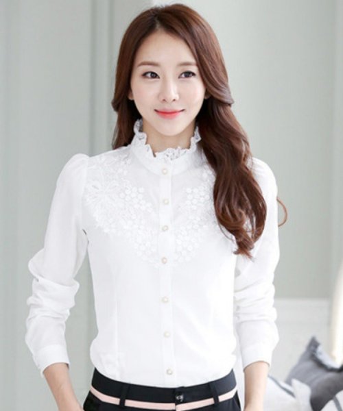 セール 胸元レース ラインストーンボタン 詰襟フリル長袖ブラウス シャツ レースレディース Lace Ladies Magaseek