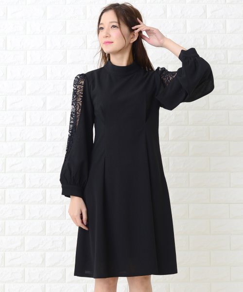 レースバルーン袖ハイネックミモレ丈ワンピース ドレス レースレディース Lace Ladies Magaseek