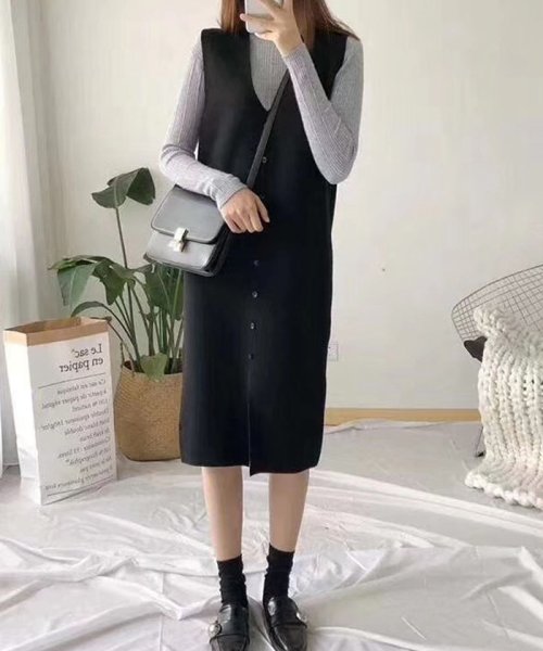 ベストワンピース レディース 重ね着 ニットワンピース ノースリーブワンピース 前ボタン付き ゆったり ミニミニストア Miniministore Magaseek
