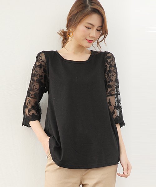 レース切り替えtシャツ レディース 春 夏 ゆったりトップス 大きいサイズ カットソー シャツ ゆったりtシャツ 七分袖 シースルー 無地 韓国ファッション ドゥーベル Doux Belle Magaseek