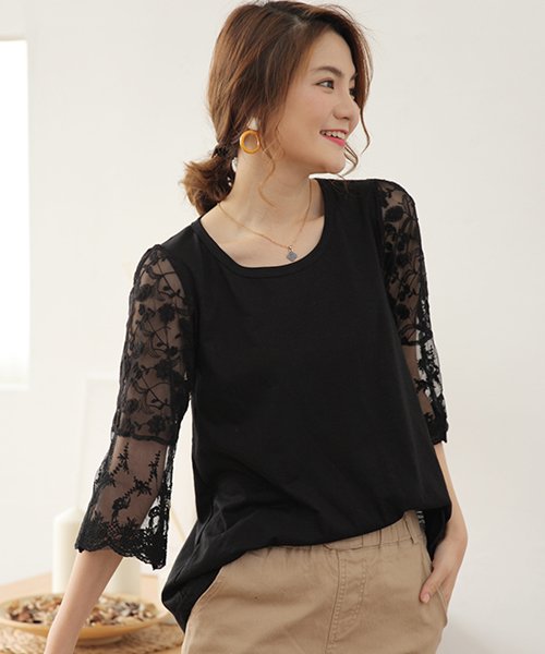 レース切り替えtシャツ レディース 春 夏 ゆったりトップス 大きいサイズ カットソー シャツ ゆったりtシャツ 七分袖 シースルー 無地 韓国ファッション ドゥーベル Doux Belle Magaseek