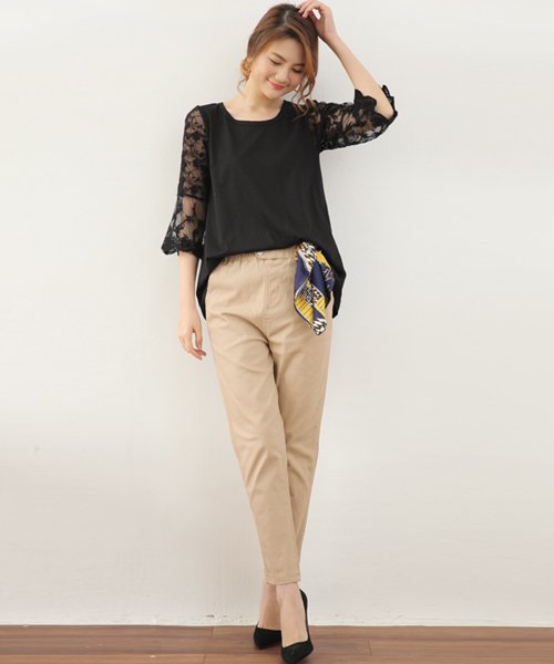 レース切り替えtシャツ レディース 春 夏 ゆったりトップス 大きいサイズ カットソー シャツ ゆったりtシャツ 七分袖 シースルー 無地 韓国ファッション ドゥーベル Doux Belle Magaseek