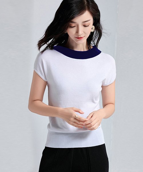 トップス レディース 春 夏 ニット リブ 丸襟 ラウンドネック Vネック 3分袖 ポロネック バイカラー 薄手 カシミヤタッチ ホワイト ブルー ネイビー ドゥーベル Doux Belle Magaseek