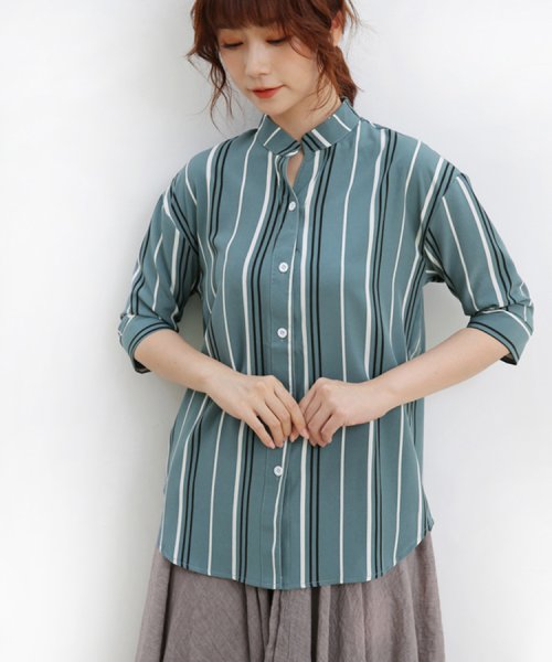 ストライプシャツ レディース 春 夏 ボタン ライン バイカラーｖネック ブラウス トップス 五分袖 七分袖 ゆったり シフォン サックス グレーグリーン ホワ ドゥーベル Doux Belle Magaseek
