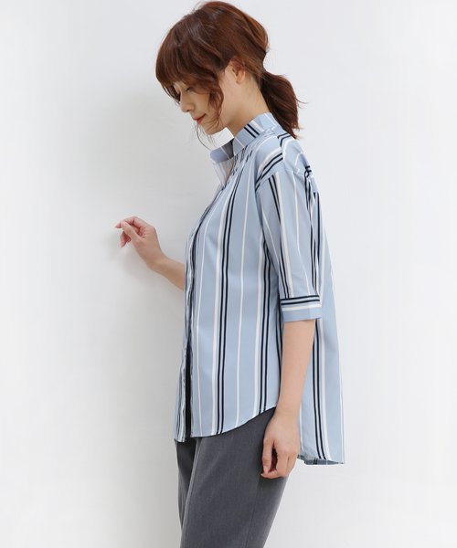 ストライプシャツ レディース 春 夏 ボタン ライン バイカラーｖネック ブラウス トップス 五分袖 七分袖 ゆったり シフォン サックス グレーグリーン ホワ ドゥーベル Doux Belle Magaseek