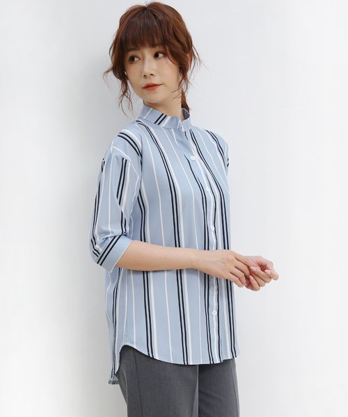 ストライプシャツ レディース 春 夏 ボタン ライン バイカラーｖネック ブラウス トップス 五分袖 七分袖 ゆったり シフォン サックス グレーグリーン ホワ ドゥーベル Doux Belle Magaseek