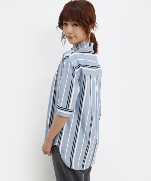 ストライプシャツ レディース 春 夏 ボタン ライン バイカラーｖネック ブラウス トップス 五分袖 七分袖 ゆったり シフォン サックス グレーグリーン ホワ ドゥーベル Doux Belle Magaseek