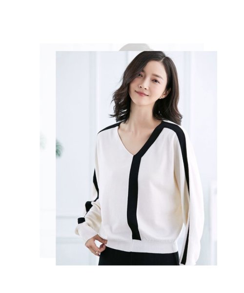 クーポン セール 25 Off ニットセーター レディース 春 秋 ニット ニットトップス 長袖 ｖネック パイピング バイカラー リブ ゆったり カジュアル 韓国ファッション 秋冬 ドゥーベル Doux Belle Magaseek