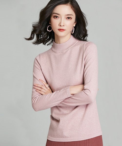 ニットトップス レディース 春 秋 ニットセーター ニット ラメ入り 長袖 ボトルネック ハイネック 無地 きらめく 光沢感 ピカピカ 韓国ファッション 秋物 ドゥーベル Doux Belle Magaseek