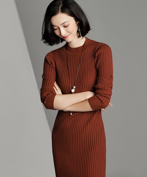 ニットワンピース レディース 春 秋 長袖 タイト マキシ丈 ロングワンピ ミモレ丈 リブ ストライプ 春 春物 ニットセーター プルオーバー カラメル ブラ ドゥーベル Doux Belle Magaseek