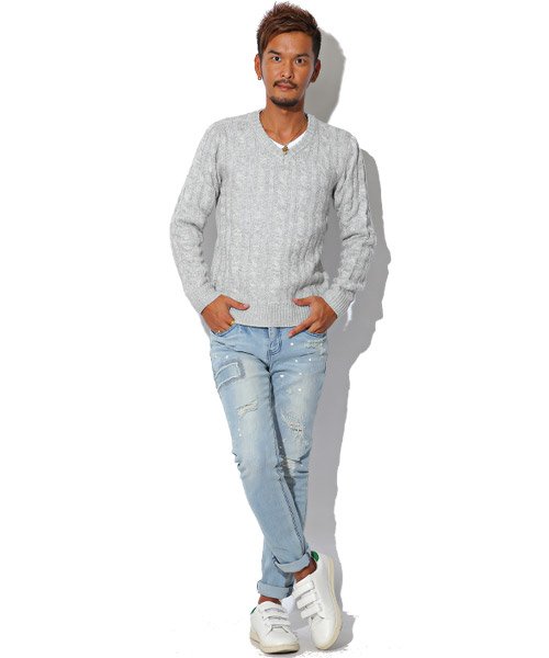 セール ケーブルニット Vネック セーター ケーブルニット ニット セーター メンズ 秋服 冬服 ラグスタイル Luxstyle Magaseek