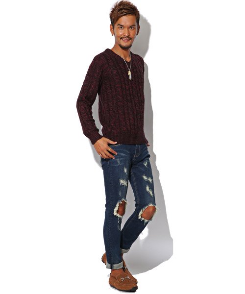 セール ケーブルニット Vネック セーター ケーブルニット ニット セーター メンズ 秋服 冬服 ラグスタイル Luxstyle Magaseek