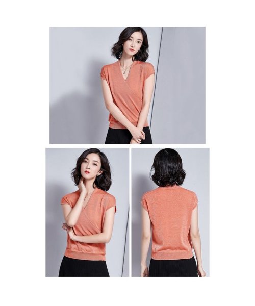 サマーセーター サマーニット レディース 夏 ニット ラメ入り Vネック 半袖 薄手 Tシャツ 上品 セクシー きらめく ピカピカ カラフル リブ ゆったり ブ ドゥーベル Doux Belle Magaseek