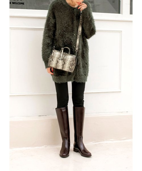 本革ローヒールロングブーツ 