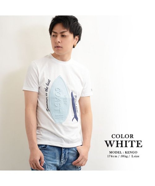 1111clothing(ワンフォークロージング)/半袖 tシャツ サーフボード メンズ レディース 韓国ファッション ペアルック カップル デニム エンボス 刺繍 お揃い カットソー トップス 細身 タイト 2/img05