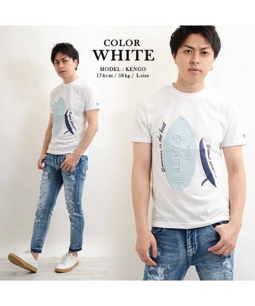 1111clothing(ワンフォークロージング)/半袖 tシャツ サーフボード メンズ レディース 韓国ファッション ペアルック カップル デニム エンボス 刺繍 お揃い カットソー トップス 細身 タイト 2/img06