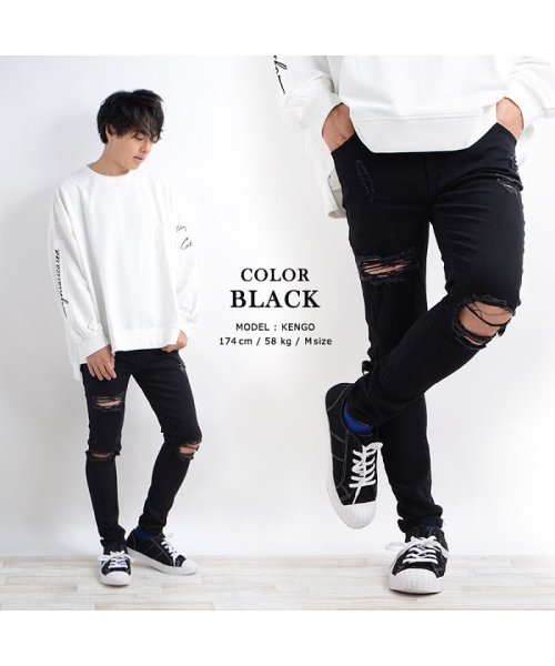 1111clothing(ワンフォークロージング)/ダメージジーンズ ダメージデニム  メンズ レディース 韓国 ファッション ブラック スキニー パンツ スキニーデニム スキニージーンズ ハードダメージ ジーン/img05