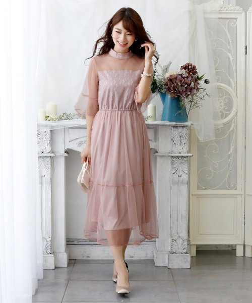 ハイネックチュールドレス・結婚式・お呼ばれワンピース・パーティードレス 結婚式 二次会 同窓会