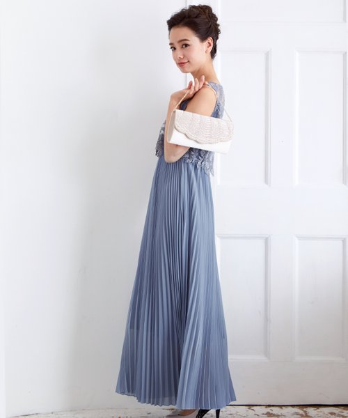 ロング丈ノースリーブレースプリーツワンピースドレス 結婚式 パーティードレス フォーマルドレス お呼ばれ ドレス ミセス 二次会 同窓会 成人式 プリーツ ゴム 
