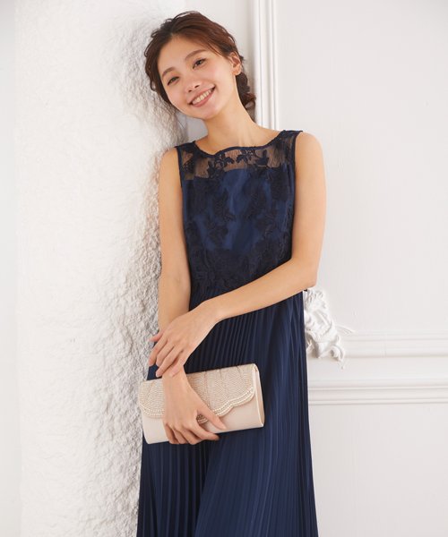 ロング丈ノースリーブレースプリーツワンピースドレス 結婚式 パーティードレス フォーマルドレス お呼ばれ ドレス ミセス 二次会 同窓会 成人式 プリーツ ゴム 