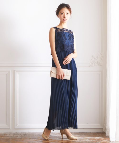 ロング丈ノースリーブレースプリーツワンピースドレス 結婚式 パーティードレス フォーマルドレス お呼ばれ ドレス ミセス 二次会 同窓会 成人式 プリーツ ゴム 