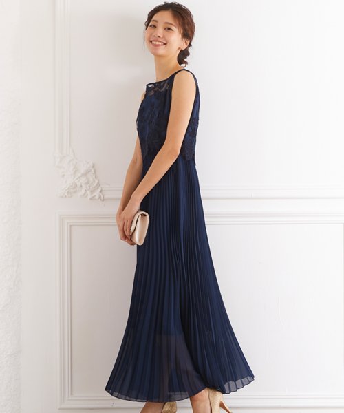 ロング丈ノースリーブレースプリーツワンピースドレス 結婚式 パーティードレス フォーマルドレス お呼ばれ ドレス ミセス 二次会 同窓会 成人式 プリーツ ゴム 