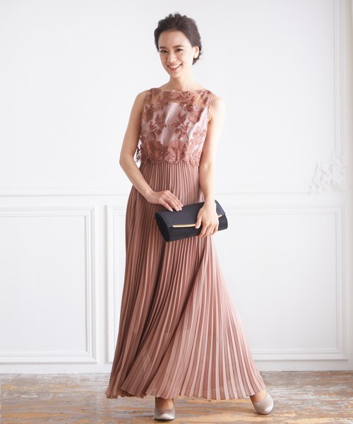 ロング丈ノースリーブレースプリーツワンピースドレス 結婚式 パーティードレス フォーマルドレス お呼ばれ ドレス ミセス 二次会 同窓会 成人式 プリーツ ゴム 