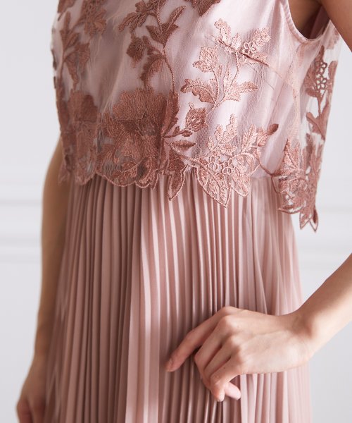 ロング丈ノースリーブレースプリーツワンピースドレス 結婚式 パーティードレス フォーマルドレス お呼ばれ ドレス ミセス 二次会 同窓会 成人式 プリーツ ゴム 