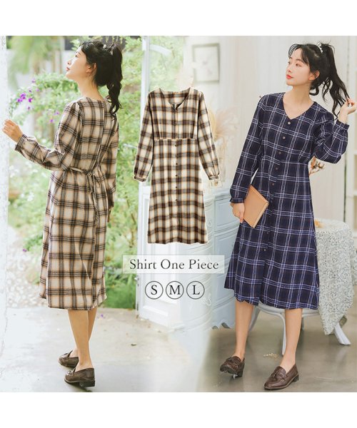 セール シャツワンピース ロングワンピ レディース Vネック チェック柄ワンピース 長袖 レトロワンピース きれいめ ミニミニストア Miniministore Magaseek