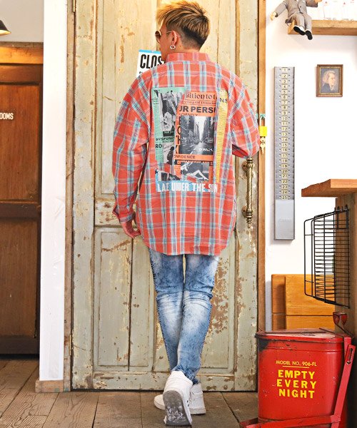 セール バックプリントチェック柄シャツ チェックシャツ メンズ 韓国系 ビッグシルエット 長袖 ラグスタイル Luxstyle Magaseek