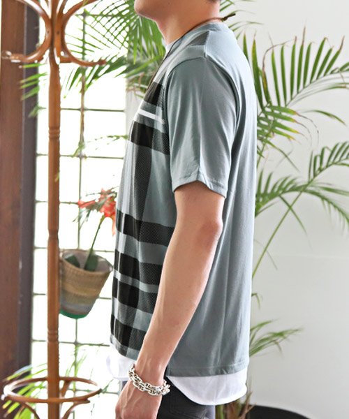 セール フェイクレイヤードチェック柄tシャツ Tシャツ メンズ 半袖 チェック柄 ネックレス付き ラグスタイル Luxstyle Magaseek